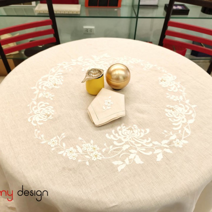 Round table cloth- White chrysanthemum embroidery (size 180 cm)